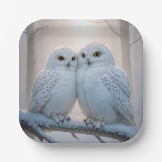 Snowy Owls On a Winter Branch ペーパープレート (正面)