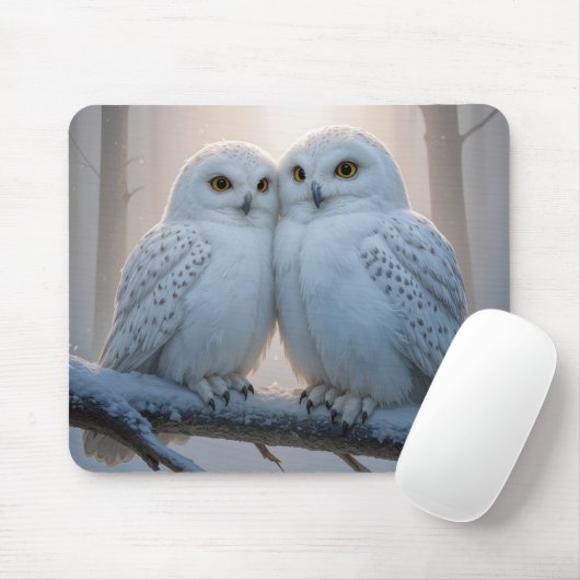 Snowy Owls On a Winter Branch マウスパッド (マウス)
