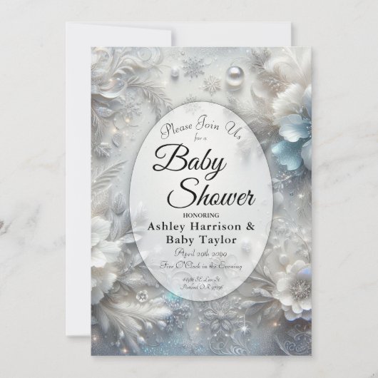 Snowy Petals in Frozen Bloom Baby Shower 招待状 (正面)