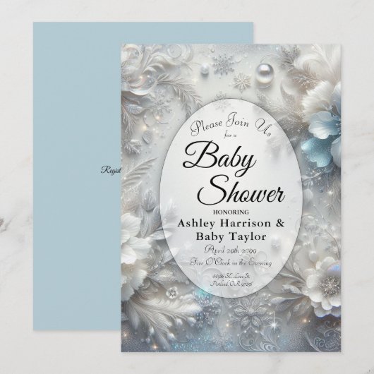 Snowy Petals in Frozen Bloom Baby Shower 招待状 (正面/裏面)