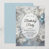 Snowy Petals in Frozen Bloom Birthday Party 招待状 (正面/裏面)