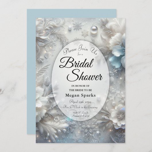 Snowy Petals in Frozen Bloom Bridal Shower 招待状 (正面/裏面)