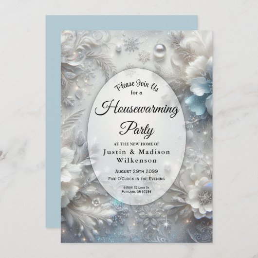 Snowy Petals in Frozen Bloom Housewarming Party 招待状 (正面/裏面)