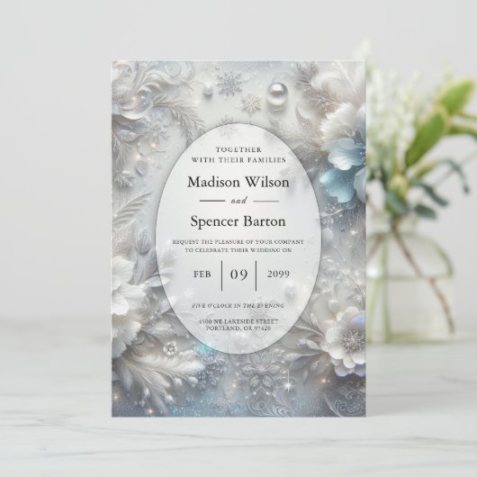 Snowy Petals in Frozen Bloom Wedding 招待状 (スタンド正面)