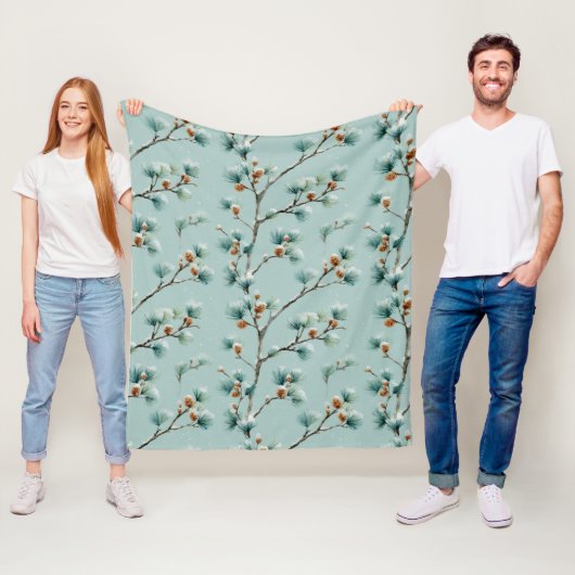 Snowy Pine Branches Winter Pattern Fleece Blanket フリースブランケット (インサイチュ)