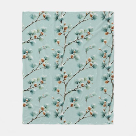 Snowy Pine Branches Winter Pattern Fleece Blanket フリースブランケット (正面)