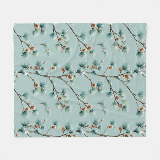 Snowy Pine Branches Winter Pattern Fleece Blanket フリースブランケット (正面(横))