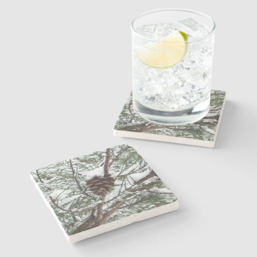 Snowy Pine Cone II冬の自然撮影 ストーンコースター (横)