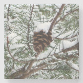 Snowy Pine Cone II冬の自然撮影 ストーンコースター (正面)