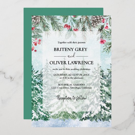 Snowy Pine Tree Forest Watercolor Themed Wedding 箔招待状 (正面/裏面)