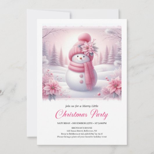 Snowy Pink Coquette Snowman Editable Kids Christma 招待状 (正面)