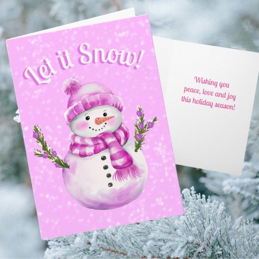 Snowy Pink White Snowman Personalized カード