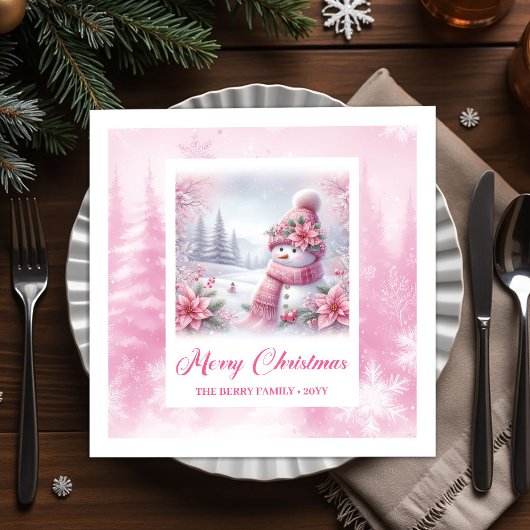 Snowy Pinkmas Christmas Scene Napkins Kids Holiday スタンダードカクテルナプキン