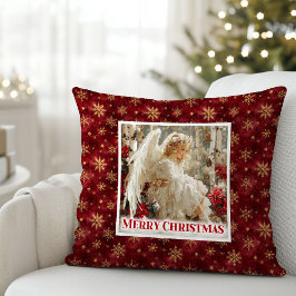 Snowy Red and Gold Angel Vintage Gift Pillow クッション