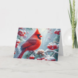 Snowy Red Winter Cardinal in Holly シーズンカード