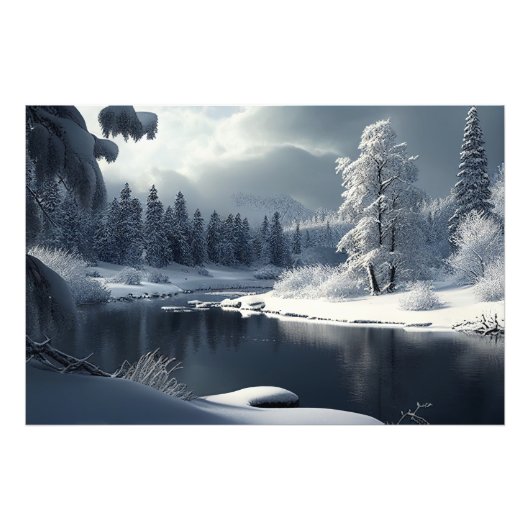 Snowy river landscape: a winter idyll フォトプリント            (正面)