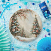 Snowy Scene with Christmas Trees and Pink Roses ペーパープレート (パーティー)