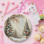 Snowy Scene with Christmas Trees and Pink Roses ペーパープレート (パーティー)