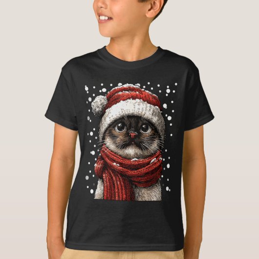 Snowy Siamese Cat With Snow Santa Hat Winter Chris Tシャツ (正面)