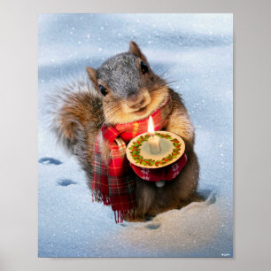 Snowy Squirrel Holding Candle ポスター