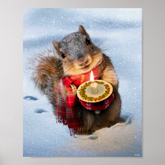 Snowy Squirrel Holding Candle ポスター (正面)