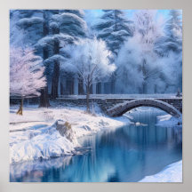 Snowy Stone Bridge, Serene Winter Landscape