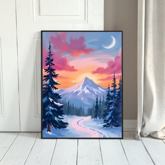 Snowy Summit Sunset | Winter Landscape Painting ポスター