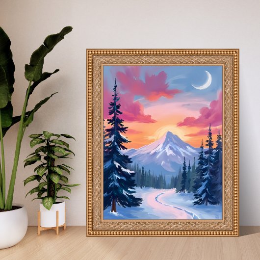 Snowy Summit Sunset | Winter Landscape Painting ポスター
