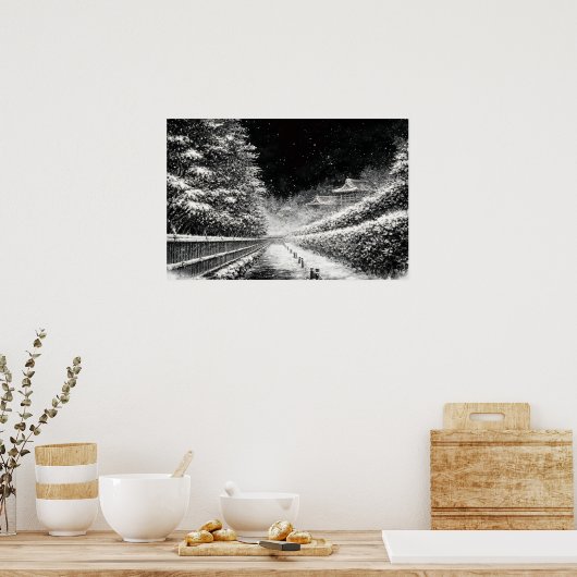 Snowy Temple Path at Night – Japanese Zen Wall Art ポスター (キッチン)