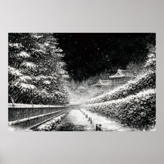 Snowy Temple Path at Night – Japanese Zen Wall Art ポスター (正面)