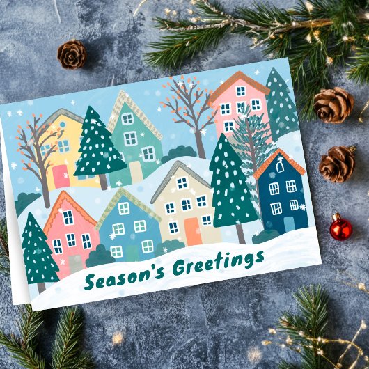 Snowy Village Illustration Cute Season's Greetings シーズンカード