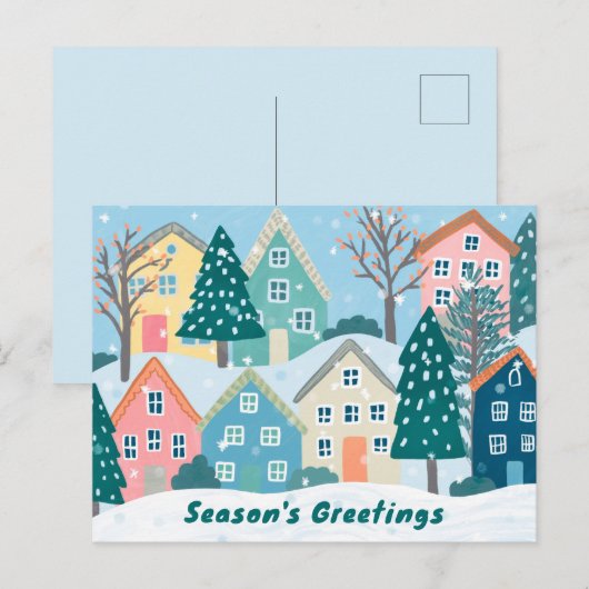 Snowy Village Illustration Cute Season's Greetings シーズンポストカード (正面/裏面)