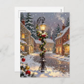 Snowy Village Scene with Lamppost  シーズンポストカード (正面/裏面)