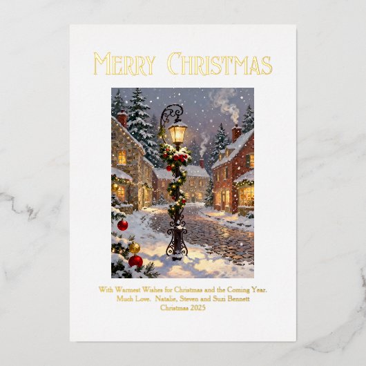 Snowy Village Scene with Lamppost 箔シーズンカード (正面)