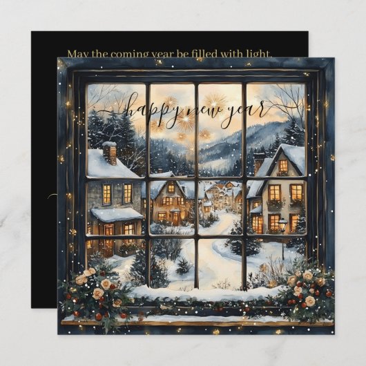 Snowy Village Window Scene with New Year Greeting シーズンカード (正面/裏面)