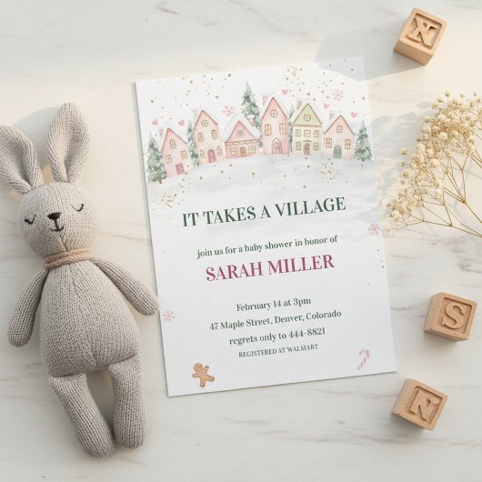 Snowy Village Winter Baby Shower 招待状