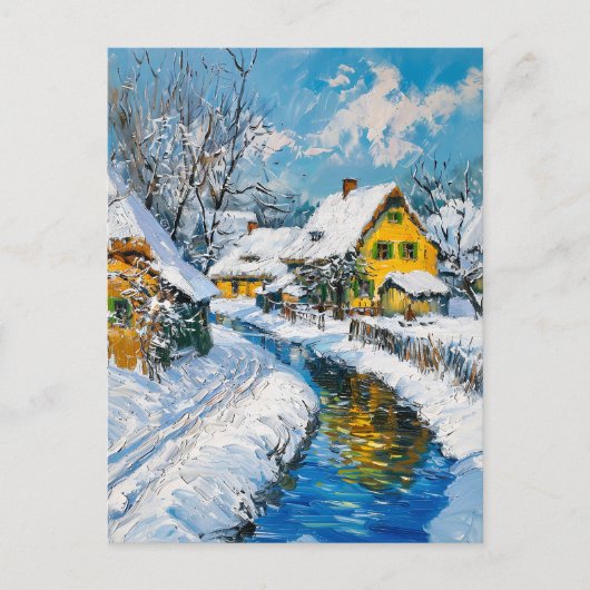 Snowy Village with Stream and Trees Fantasy Painti ポストカード (正面)