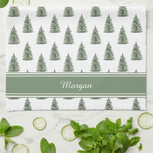 Snowy Watercolor Christmas Tree Pattern キッチンタオル (折り畳み)