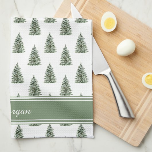 Snowy Watercolor Christmas Tree Pattern キッチンタオル (四つ折り)