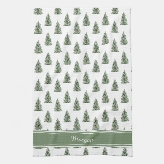 Snowy Watercolor Christmas Tree Pattern キッチンタオル (縦)