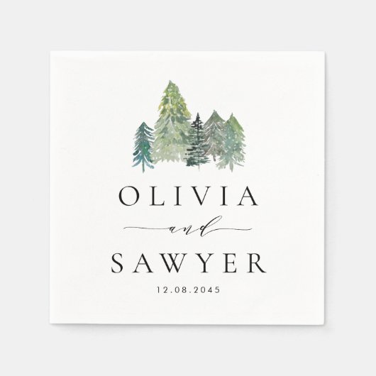 Snowy Watercolor Evergreen Forest Wedding Party スタンダードカクテルナプキン (正面)