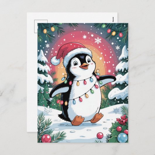Snowy Winter Cute Penguin in Santa Hat Christmas   シーズンポストカード (正面/裏面)