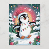 Snowy Winter Cute Penguin in Santa Hat Christmas   シーズンポストカード (正面)
