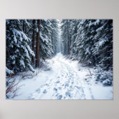 Snowy Winter Forest Path With Footprints Hiking ポスター (正面)