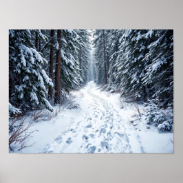 Snowy Winter Forest Path With Footprints Hiking ポスター