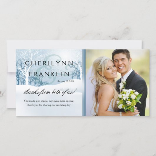 Snowy Winter Photo Thank You ice blue サンキューカード (正面)