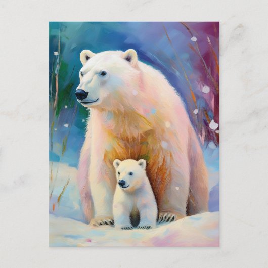 Snowy Winter Polar Bears Modern Art ポストカード (正面)