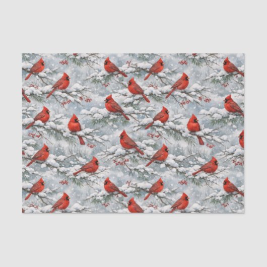 Snowy Winter Red Cardinal Bird Pattern 薄葉紙 (正面)