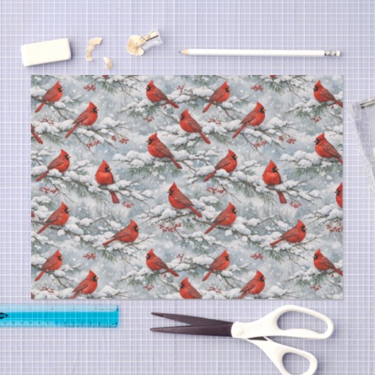 Snowy Winter Red Cardinal Bird Pattern 薄葉紙 (クラフト)