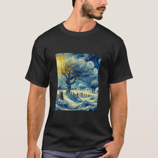 Snowy Winter Scene Van Gogh Starry Night Christmas Tシャツ (正面)